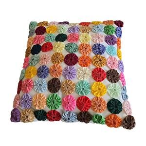 VTG Multicolor Handmade Yo-Yo Quilt Cottagecore Pillowcase Pillow Sham 13"x14"‎